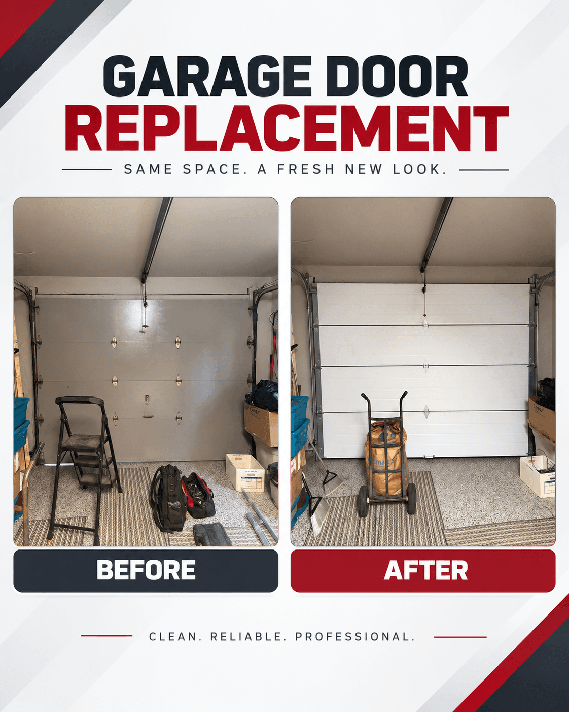 Before and after comparison of a garage door replacement, viewed from inside the garage — existing door replaced with a new white panel door