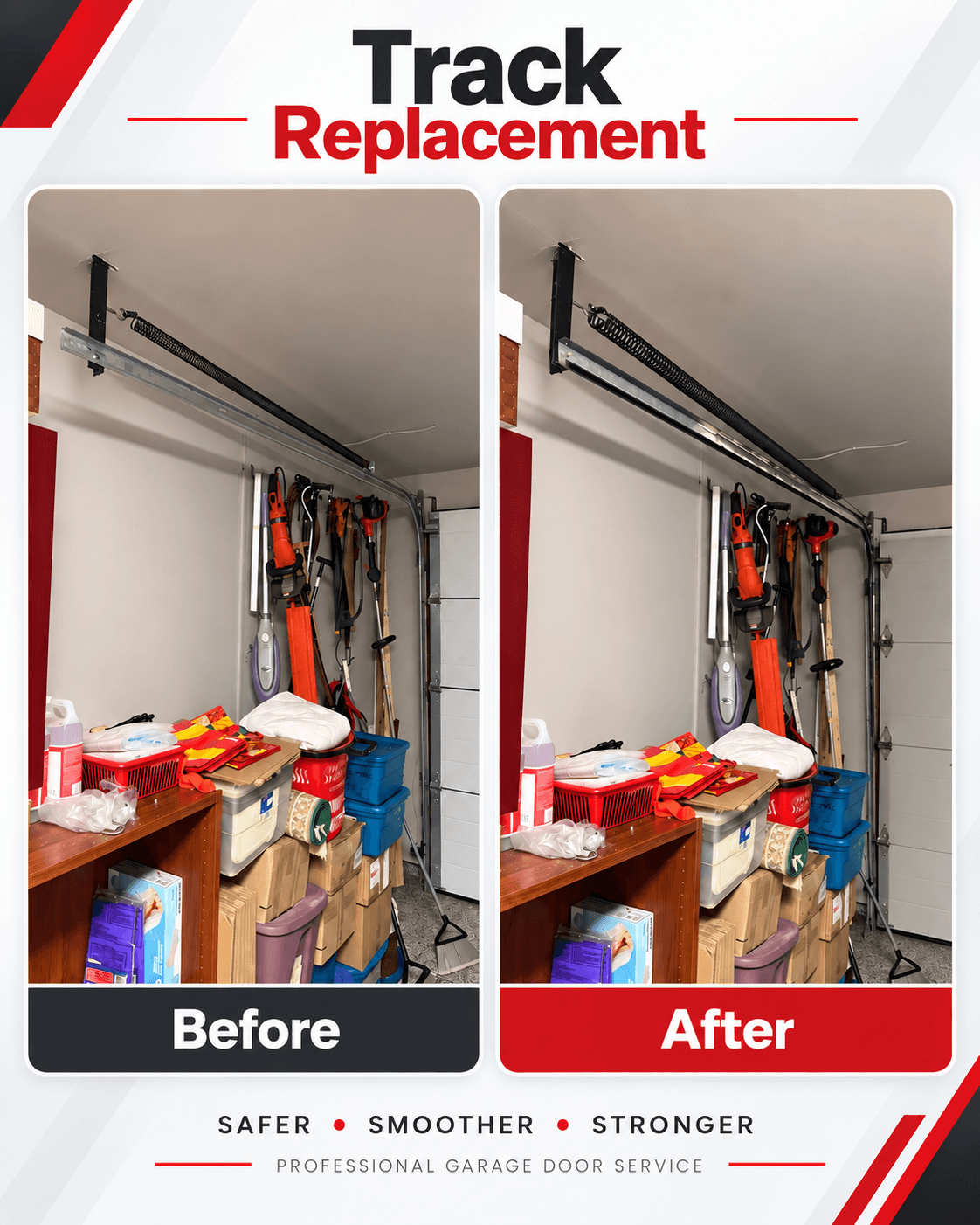 Before and after comparison of a garage door track repair — ceiling-mounted track and spring assembly viewed from inside the garage