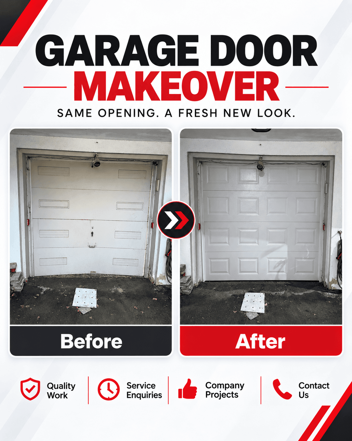 Before and after comparison of a garage door replacement — old flush-panel door replaced with a new raised-panel door