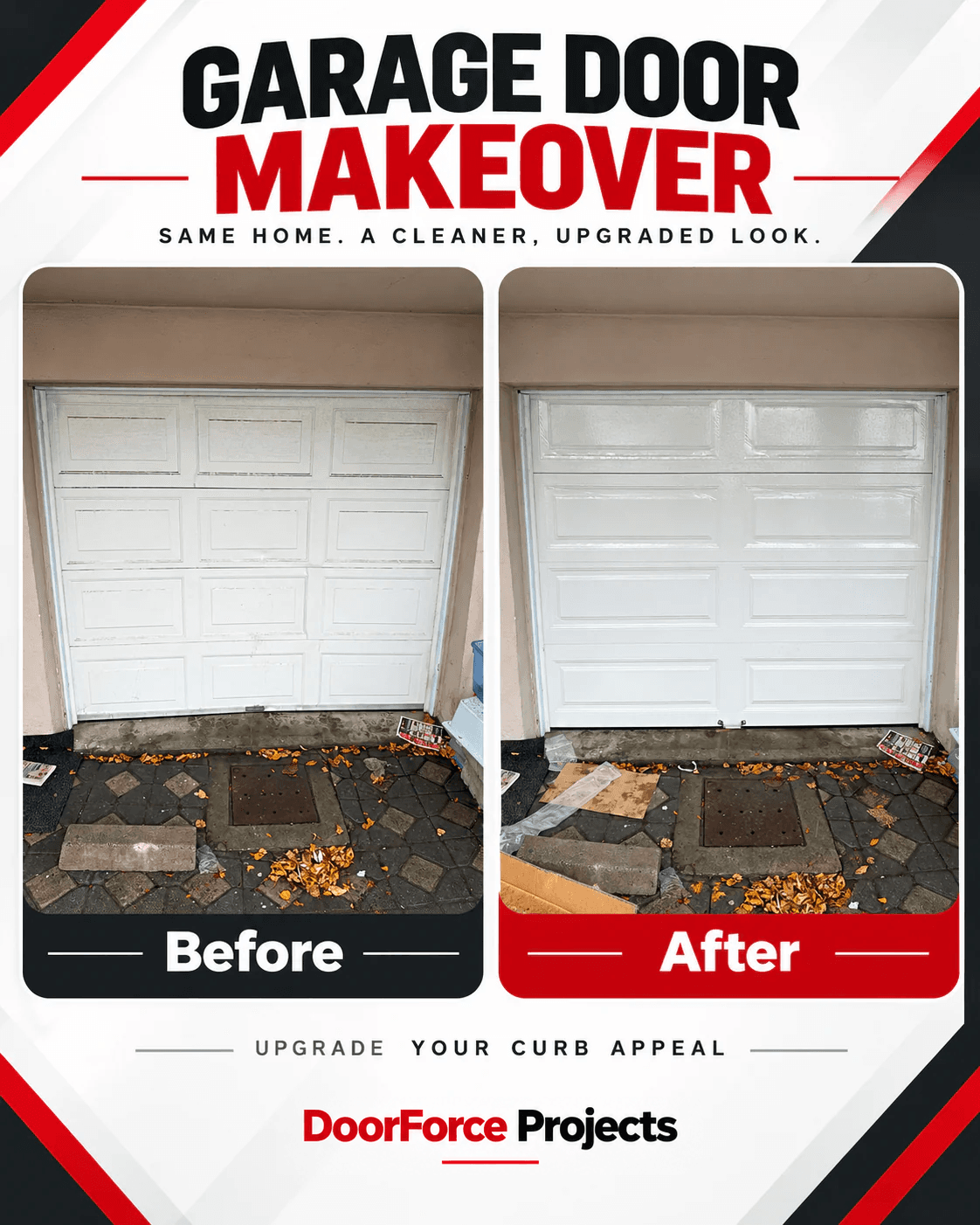 Before and after comparison of a garage door replacement — worn white raised-panel door replaced with a new white raised-panel door