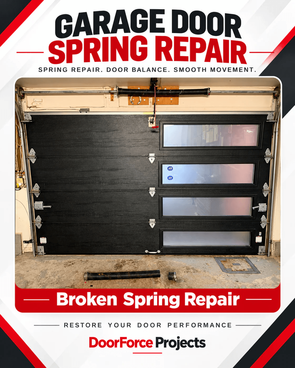 Garage door spring repair viewed from inside the garage — new torsion spring installed above a black door with frosted windows, old broken springs on the floor