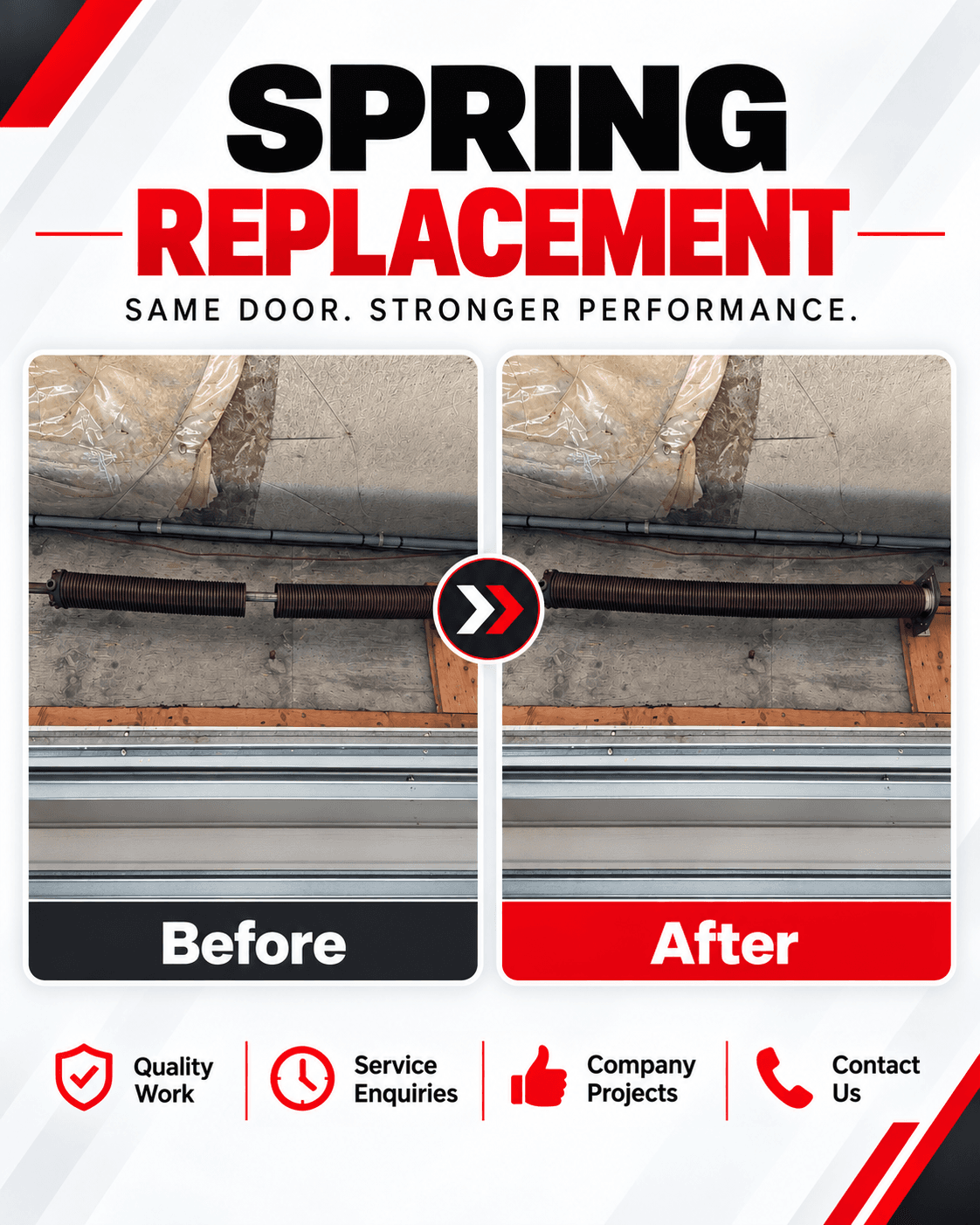 Before and after comparison of a torsion spring repair — broken spring coil replaced with an intact spring